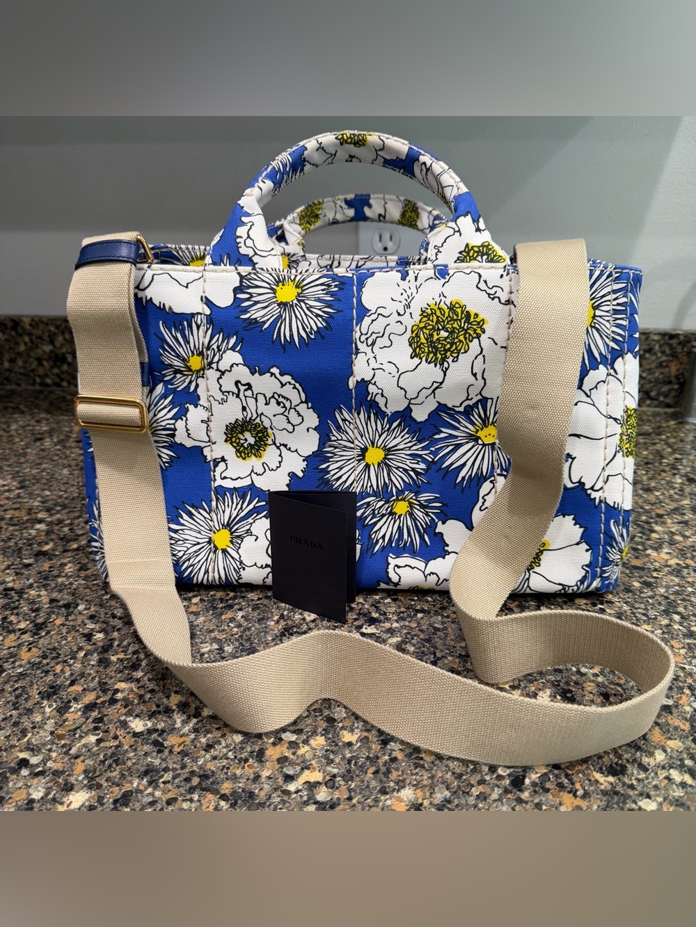 Prada Canapa Blue Floral Top-Handle Crossbody Bag